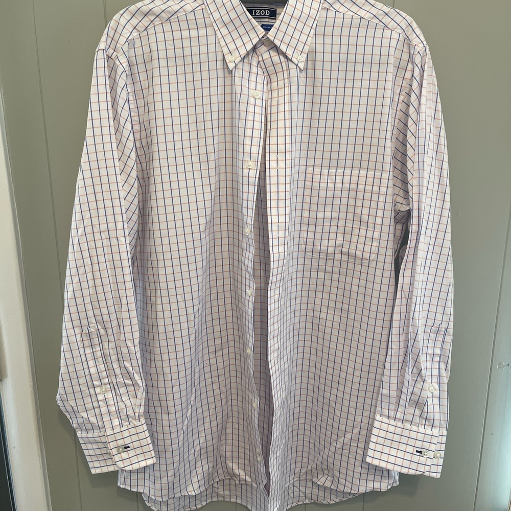 IZOD Men's White, Orange, and Blue Checkered Shirt